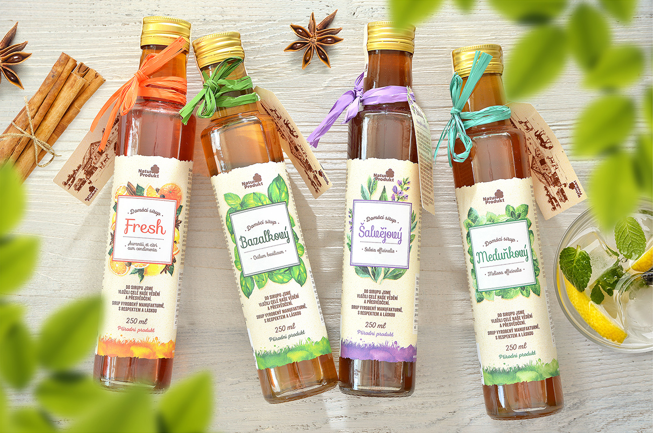 Naturprodukt - Herb syrups Glass bottle Paper label
