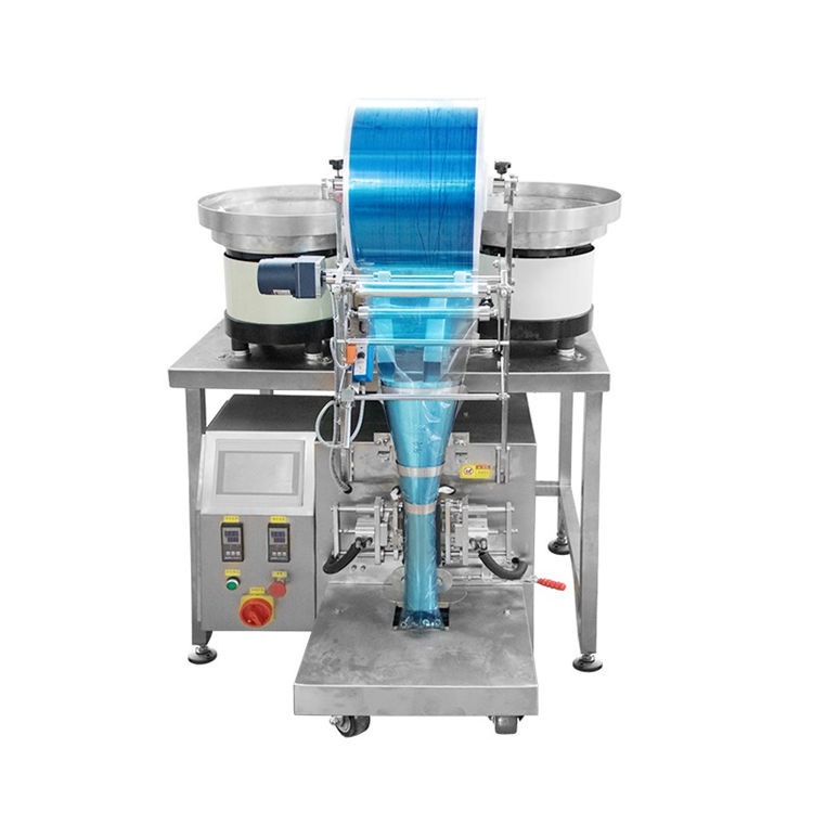 Automatic hardware bag filling sealing packing machine with two virbating bowls